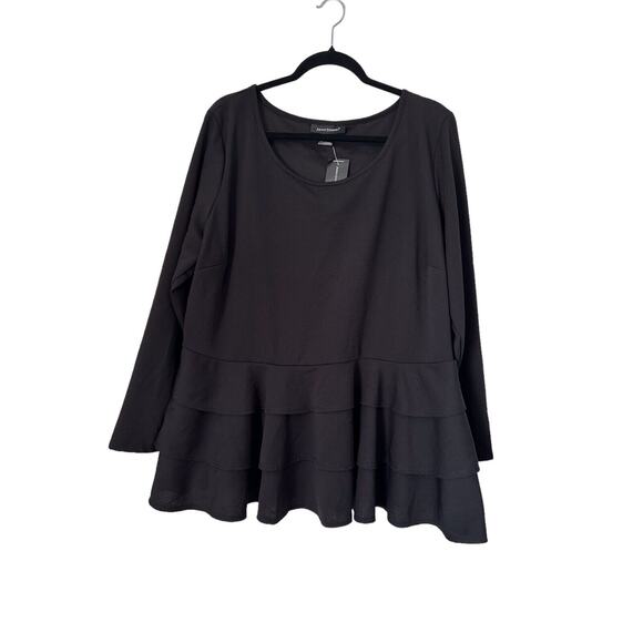 Ashley Stewart Tops - Ashley Stewart Top 22/24 Black Triple Ruffle Peplum Stretch Knit Long Sleeve